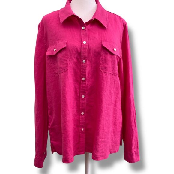 Talbots Top Womens Large Pink 100% Linen Button Up Roll Tab Long Sleeve Classic - Picture 1 of 13